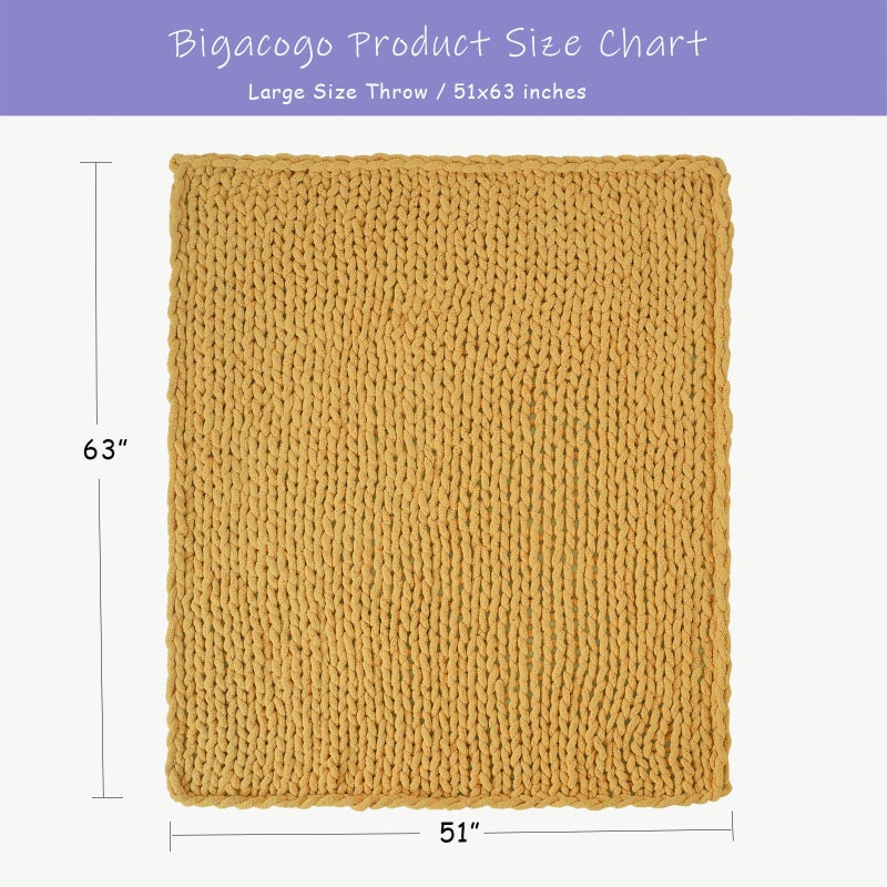Bigacogo بطانية متماسكة مكتنزة للأريكة 51x63 بوصة 100٪ محبوكة يدويًا بخيوط الشنيل الجامبو السميكة الدافئة الناعمة الكبيرة حبل عقدة كابل بطانيات الكروشيه للأريكة سرير غرفة المعيشة الخردل الأصفر - Image 2